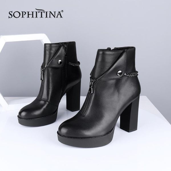 sophitina cool chain boots sheepskin comfortable square heel special design handmade shoes new women's boots sc637, Black 
sophitina cool chain boots sheepskin comfortable square heel special design handmade shoes new women's boots sc637, Black