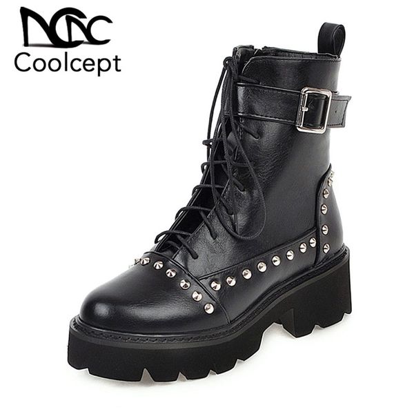 coolcept women ankle boots metal buckle rivets gothic winter shoes women fashion lace up casual platform footwear size 33-43, Black 
coolcept women ankle boots metal buckle rivets gothic winter shoes women fashion lace up casual platform footwear size 33-43, Black