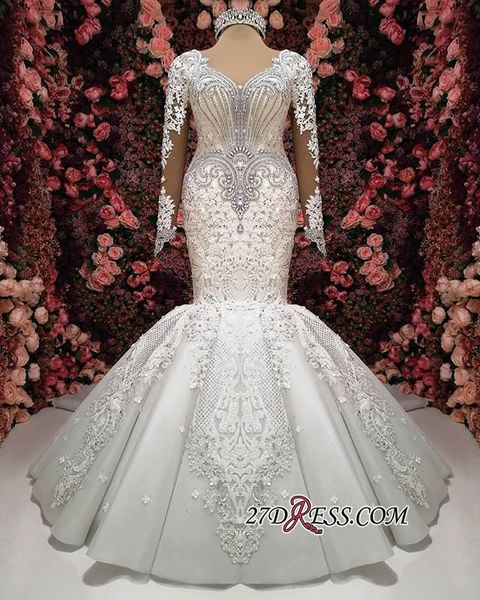 2019 new gorgeous crystal lace applique mermaid wedding dresses long sleeve v-neck ruffle puffy bottom bridal gown sheer back, White
2019 new gorgeous crystal lace applique mermaid wedding dresses long sleeve v-neck ruffle puffy bottom bridal gown sheer back, White