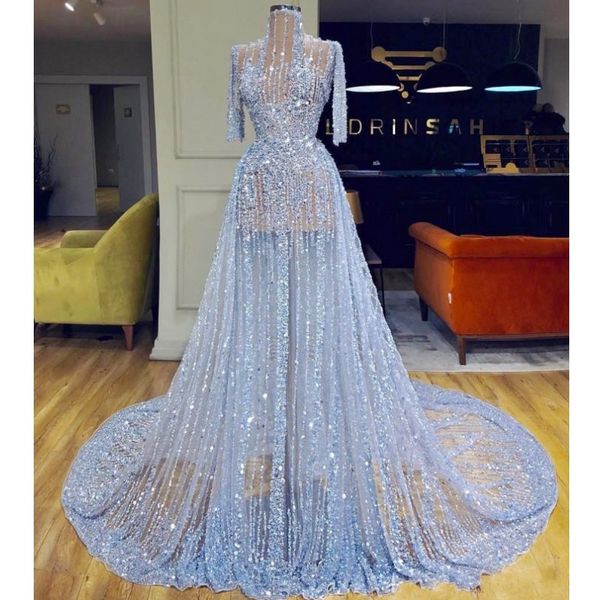 see through prom dresses with half sleeves high neck beaded sequins celebrity evening gowns custom made sequined formal party dress, Black
see through prom dresses with half sleeves high neck beaded sequins celebrity evening gowns custom made sequined formal party dress, Black