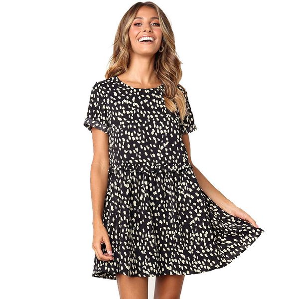 2019 women summer dress short sleeve o neck a line high waist dot printing dress female clothes, Black;gray
2019 women summer dress short sleeve o neck a line high waist dot printing dress female clothes, Black;gray