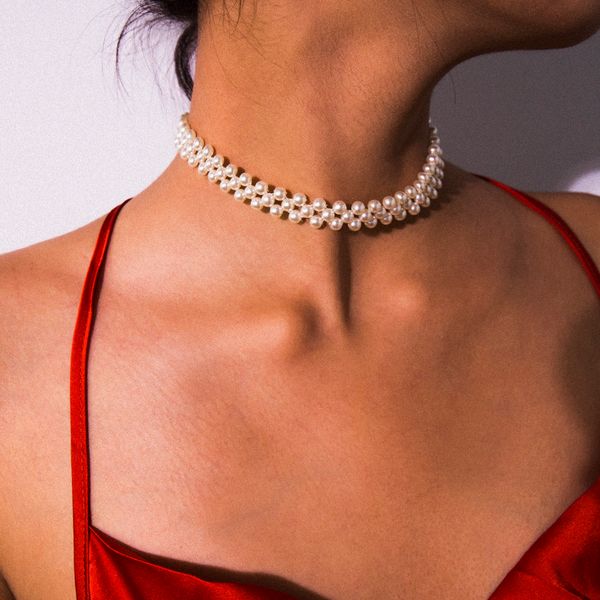 gothic imitation pearl chain necklace wedding statement punk vintage full bead pearls simple women jewelry, Silver 
gothic imitation pearl chain necklace wedding statement punk vintage full bead pearls simple women jewelry, Silver