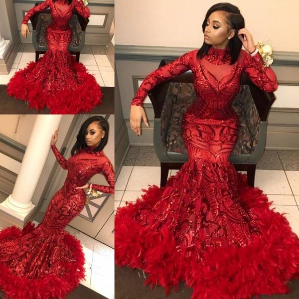 red mermaid african prom dresses 2019 new feather long sleeve floor length sequined high neck formal evening dress party gowns, Black
red mermaid african prom dresses 2019 new feather long sleeve floor length sequined high neck formal evening dress party gowns, Black