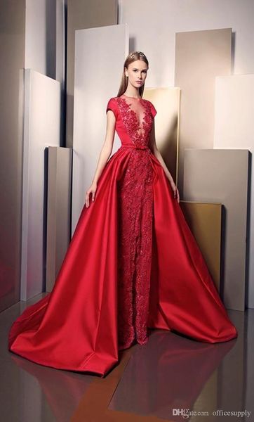 red prom dresses split detachable train lace appliques evening gowns sheer illusion plunging neckline cap sleeves party dress, Black
red prom dresses split detachable train lace appliques evening gowns sheer illusion plunging neckline cap sleeves party dress, Black