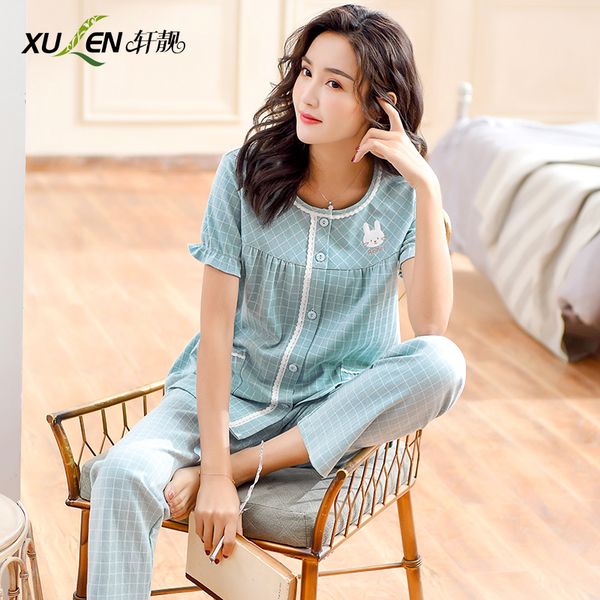 women summer short pajama set cotton sleepwear plus size mother sleep and lounge short sleeve nightwear printed home pyjama, Blue;gray
women summer short pajama set cotton sleepwear plus size mother sleep and lounge short sleeve nightwear printed home pyjama, Blue;gray