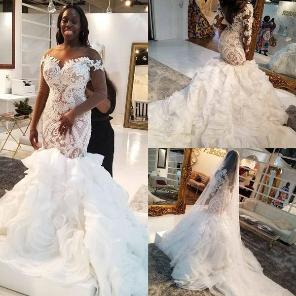 african plus size mermaid wedding dresses lace appliques sweep train cascading ruffles lace-up back bridal gowns with veil vestido de novia, White
african plus size mermaid wedding dresses lace appliques sweep train cascading ruffles lace-up back bridal gowns with veil vestido de novia, White
