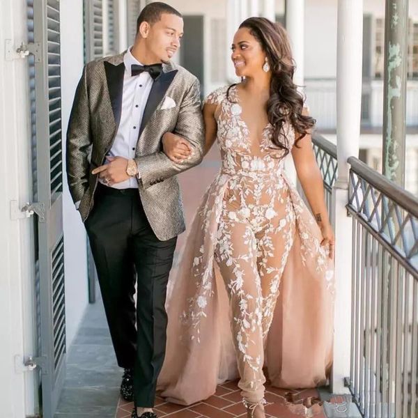 champagne lace jumpsuit wedding dresses with overskirt sheer deep v neck cap sleeves vestido de novia 2020 fashion see through bridal gowns, White
champagne lace jumpsuit wedding dresses with overskirt sheer deep v neck cap sleeves vestido de novia 2020 fashion see through bridal gowns, White