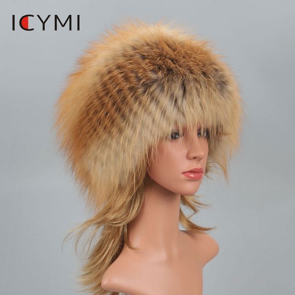 

icymi real fur pompom bomber winter hats russian female beanies natural raccoon fur hat knitted skullies beanies women's cap, Blue;gray