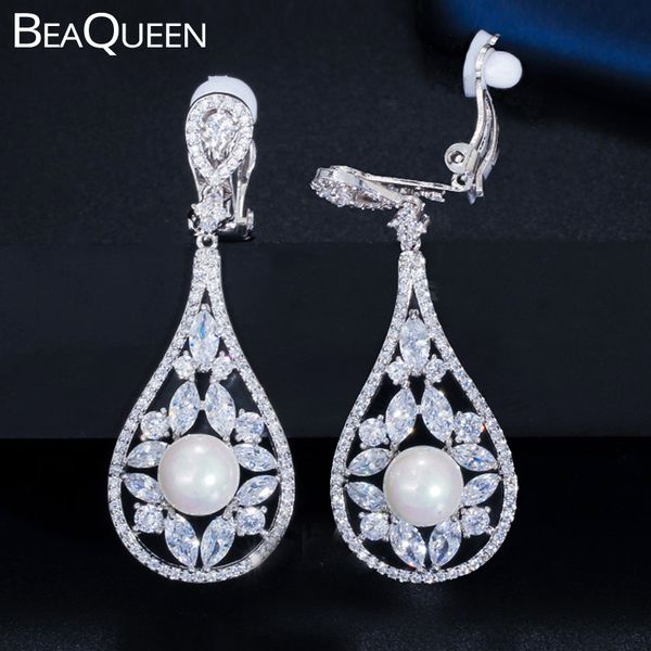 beaqueen fashion flower pearl long clip earrings cubic zirconia no ear hole bridal wedding party jewelry without piercing e308, Silver
beaqueen fashion flower pearl long clip earrings cubic zirconia no ear hole bridal wedding party jewelry without piercing e308, Silver