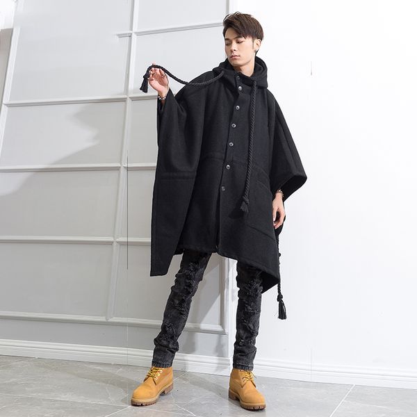 korean version dark night club bat shirt hooded cape men's cloak thickened medium-length woollen coat coat, Black
