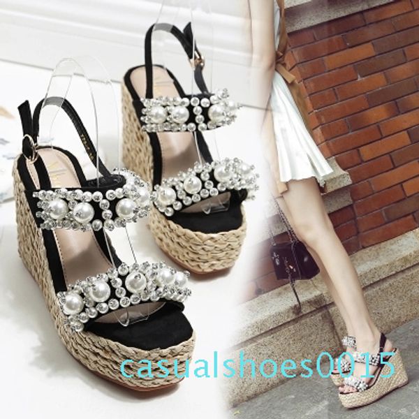 summer new symphony rhinestone handmade pearl wedge heel platform thick crust open toe high heel sandals. c15, Black
summer new symphony rhinestone handmade pearl wedge heel platform thick crust open toe high heel sandals. c15, Black