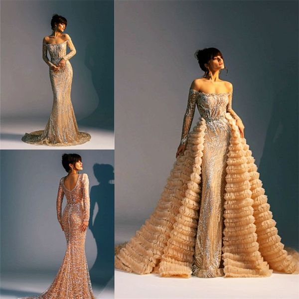 luxury mermaid wedding dresses with detachable tiered train bateau long sleeve appliqued beaded bridal gown sweep train robes de mariée, White
luxury mermaid wedding dresses with detachable tiered train bateau long sleeve appliqued beaded bridal gown sweep train robes de mariée, White