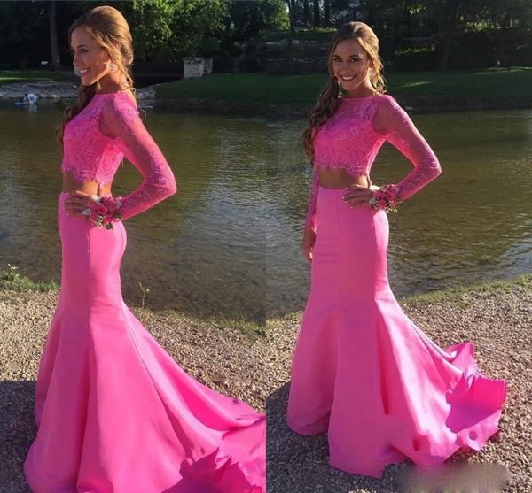 new two pieces prom dresses long sleeves pink lace appliques beaded mermaid formal party dress sweep train pageant formal evening gowns, Black
new two pieces prom dresses long sleeves pink lace appliques beaded mermaid formal party dress sweep train pageant formal evening gowns, Black