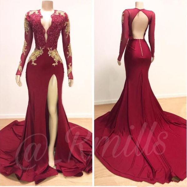 2019 new dark red mermaid evening dresses split v neck long sleeves gold lace appliques crystal beaded split formal prom dresses wear, Black;red
2019 new dark red mermaid evening dresses split v neck long sleeves gold lace appliques crystal beaded split formal prom dresses wear, Black;red