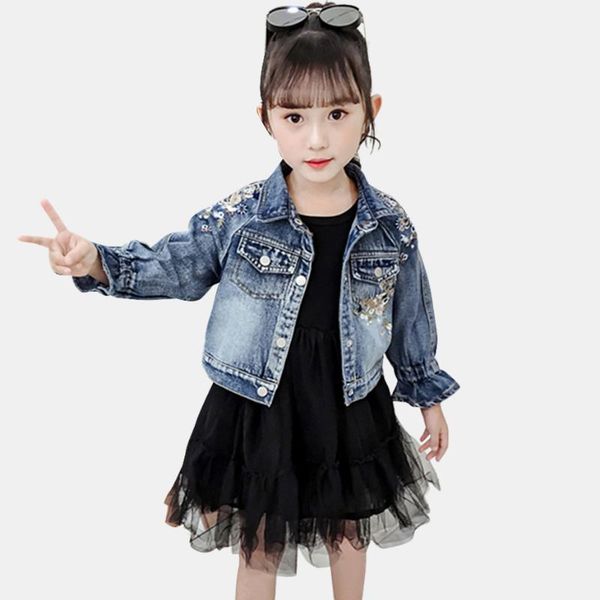 girls clothing floral denim jacket + dress children's clothes for girls casual outfits for flare sleeve children's clothes, White
girls clothing floral denim jacket + dress children's clothes for girls casual outfits for flare sleeve children's clothes, White