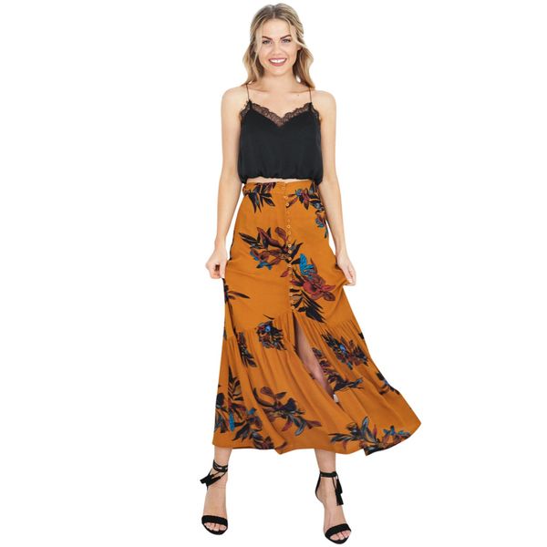 

sagace skirts women's summer casual flower printing floral high waist a-line long skirt jupe femme holiday beach skirts 603, Black