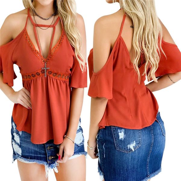women deep v-neck chiffon solid geometric bandage cross cold shoulder short sleeve tunic blouse hollow shirts s-xl, White
women deep v-neck chiffon solid geometric bandage cross cold shoulder short sleeve tunic blouse hollow shirts s-xl, White