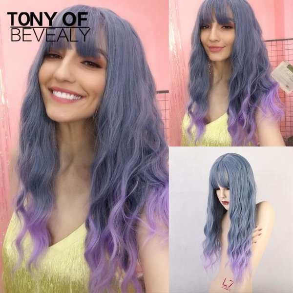 long wavy synthetic wigs with thin bangs blue to purple omber hair wigs for women heat resistant cosplay party natural, Black
long wavy synthetic wigs with thin bangs blue to purple omber hair wigs for women heat resistant cosplay party natural, Black