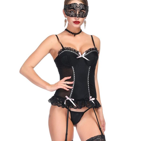 women gartered push-up bra ruffle lace hem mesh 6pcs plastic fully boned bustier with thong set lingerie corset with pink bows accents, Black;white
women gartered push-up bra ruffle lace hem mesh 6pcs plastic fully boned bustier with thong set lingerie corset with pink bows accents, Black;white