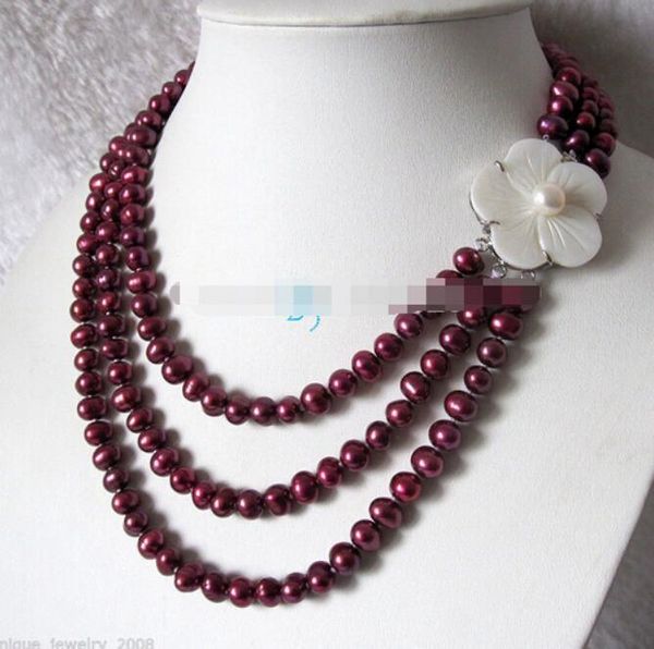 17-20" 3row 6-8mm reddish purple freshwater pearl necklace, Silver
17-20" 3row 6-8mm reddish purple freshwater pearl necklace, Silver