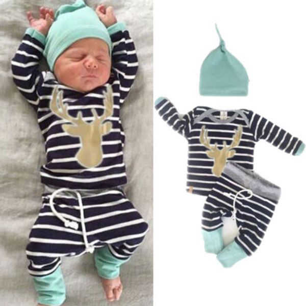 3pcs newborn infant kid baby boy girl clothes t-shirt + striped pants+hat outfits clothes set 0-18m, White 
3pcs newborn infant kid baby boy girl clothes t-shirt + striped pants+hat outfits clothes set 0-18m, White
