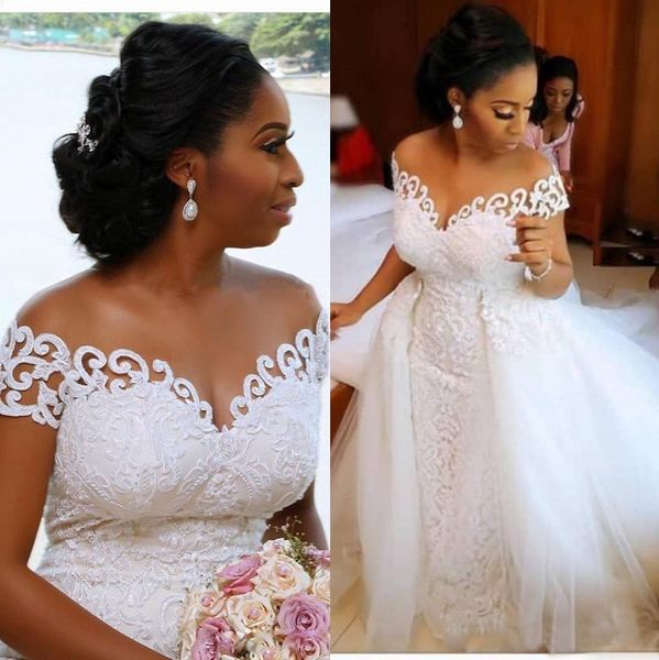 chic mermaid beaded lace wedding dresses sheer off the shoulder appliqued bridal gowns with detachable train tulle trumpet robe de mariée, White
chic mermaid beaded lace wedding dresses sheer off the shoulder appliqued bridal gowns with detachable train tulle trumpet robe de mariée, White