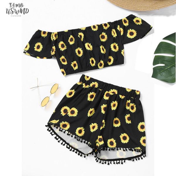 t shirt off shoulder sunflower print short tassel shorts two piece outfit women summer beach party suit camiseta mujer es, White
t shirt off shoulder sunflower print short tassel shorts two piece outfit women summer beach party suit camiseta mujer es, White