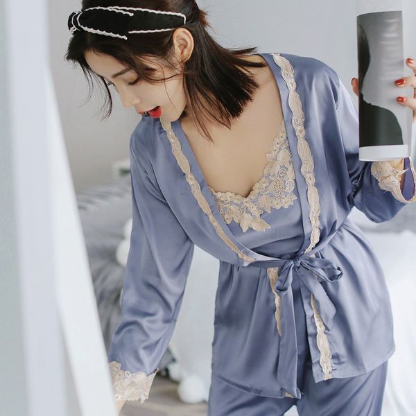 2019 satin three 3 pieces sleepwear female lace silk pajamas set hollow out coat strap vest long pants robe gown sets, Black;red
2019 satin three 3 pieces sleepwear female lace silk pajamas set hollow out coat strap vest long pants robe gown sets, Black;red