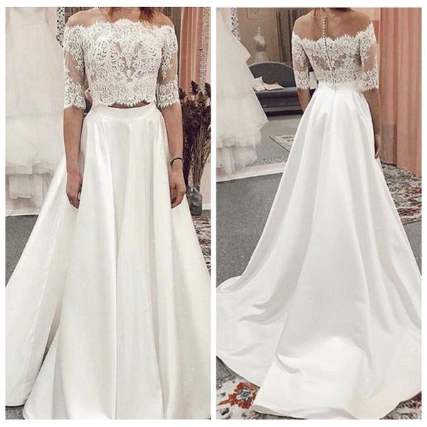 modest lace and satin two piece wedding dress a-line court train aline wedding dresses with sleeves button up back vestidos de novia satin, White
modest lace and satin two piece wedding dress a-line court train aline wedding dresses with sleeves button up back vestidos de novia satin, White