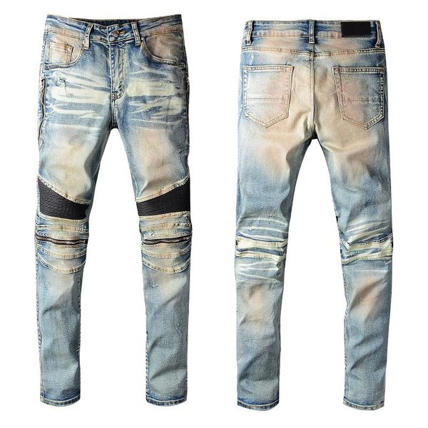 men stretchy skinny dirty ribbed patch biker jeans, Blue