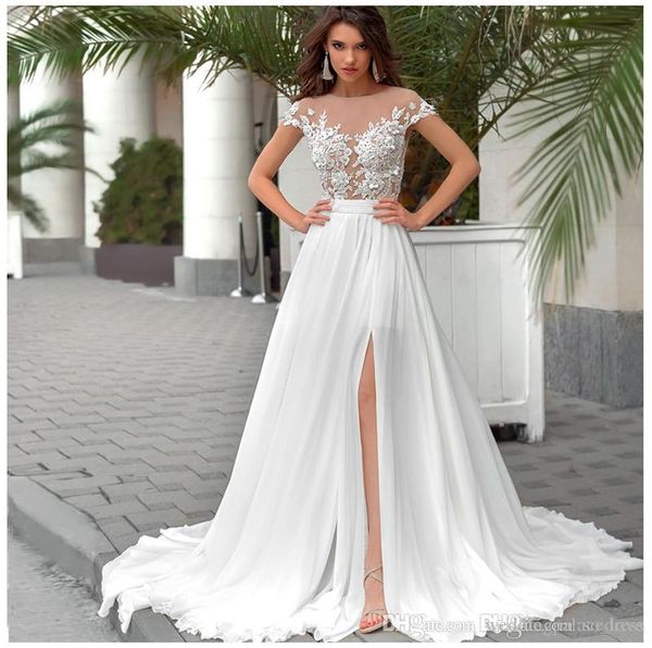 boho beach a line wedding dress sheer neck cap sleeves sheer neck high side split appliques chiffon bohemian wedding dress bridal gown, White
boho beach a line wedding dress sheer neck cap sleeves sheer neck high side split appliques chiffon bohemian wedding dress bridal gown, White