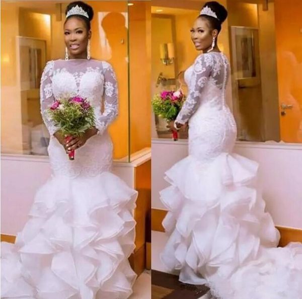 2018 new african mermaid wedding dresses sheer neck organza ruffles lace long sleeve plus size bridal gowns wedding gown vestido de novia, White
2018 new african mermaid wedding dresses sheer neck organza ruffles lace long sleeve plus size bridal gowns wedding gown vestido de novia, White