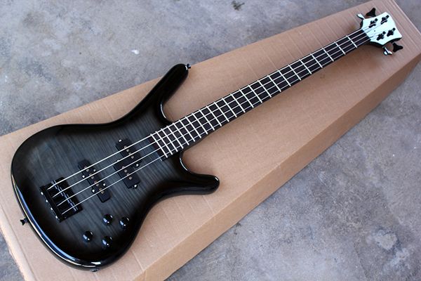 4 strings transparent black body electric bass guitar with flame maple veneer,black hardware,rosewood fingerboard,offer customize
4 strings transparent black body electric bass guitar with flame maple veneer,black hardware,rosewood fingerboard,offer customize