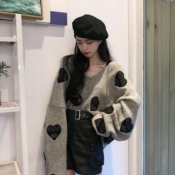 2019 winter love heart women sweater casual loose lantern sleeve pull femme print v-neck korean knitted pullovers, White;black
2019 winter love heart women sweater casual loose lantern sleeve pull femme print v-neck korean knitted pullovers, White;black