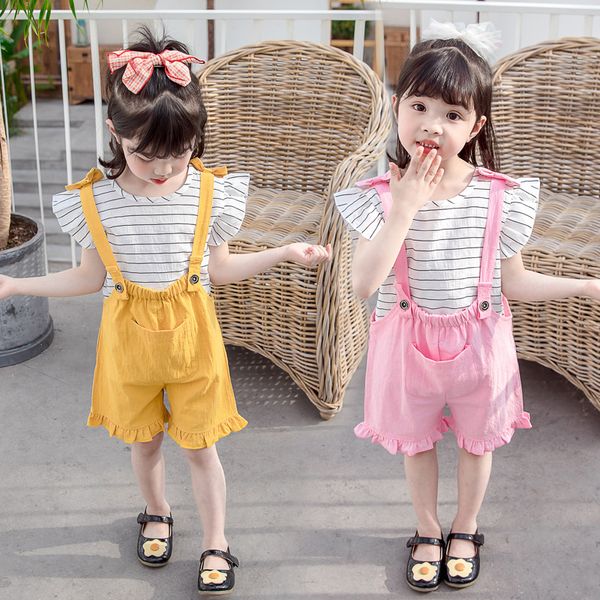 2020 summer baby girls sets striped with overall shorts, White