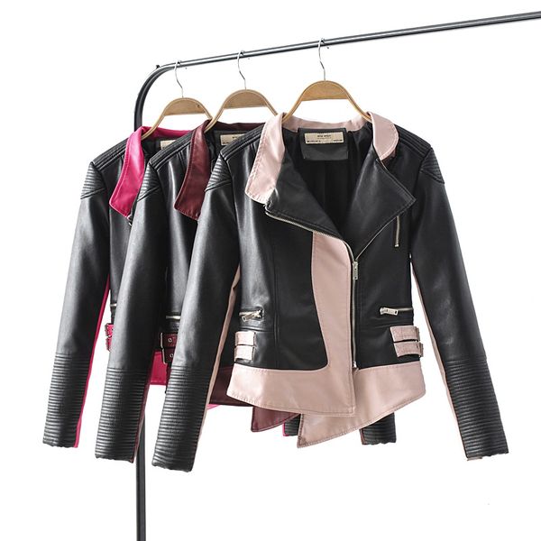 pink punk rock biker coat contrast color pu leather jacket 2019 new fashion trendy spring rock style female coat, Black 
pink punk rock biker coat contrast color pu leather jacket 2019 new fashion trendy spring rock style female coat, Black