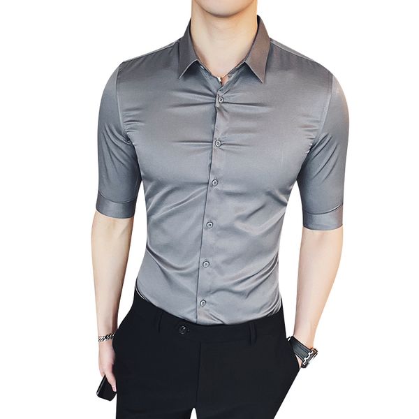 england style casual shirt 2020 summer men turn-down collar solid color half sleeve slim fit shirts, White;black
england style casual shirt 2020 summer men turn-down collar solid color half sleeve slim fit shirts, White;black