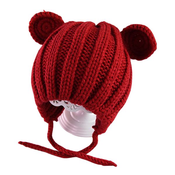 

knitted warm with ears soft cartoon winter ear protection children gift bonnet cap baby cute lace-up kids hat solid thick, Yellow