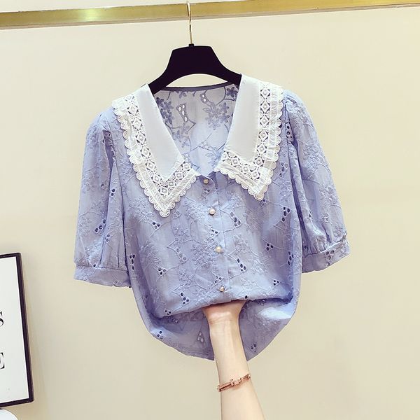 women's blouses & shirts 2021 summer women short sleeves lace collar hollow out shirt female casual blouse ladies blusas a3357, White
women's blouses & shirts 2021 summer women short sleeves lace collar hollow out shirt female casual blouse ladies blusas a3357, White