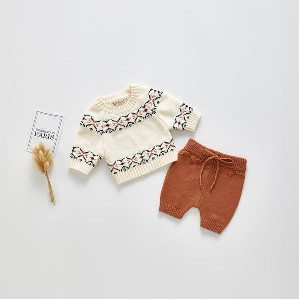 2020 korean infant baby girls boy clothes 2020 autumn spring newborn baby boys knitted clothing set costume outfits suit 2 pics, White