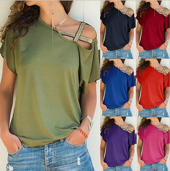 women's t-shirt spring and summer europe america casual diagonal cross irregular short sleeve solid color women, White
women's t-shirt spring and summer europe america casual diagonal cross irregular short sleeve solid color women, White