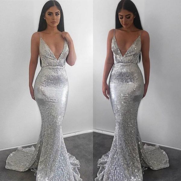 2019 luxury deep v neck silver mermaid prom dresses sequined side split evening gowns spaghetti backless party dress bc0851, Black
2019 luxury deep v neck silver mermaid prom dresses sequined side split evening gowns spaghetti backless party dress bc0851, Black