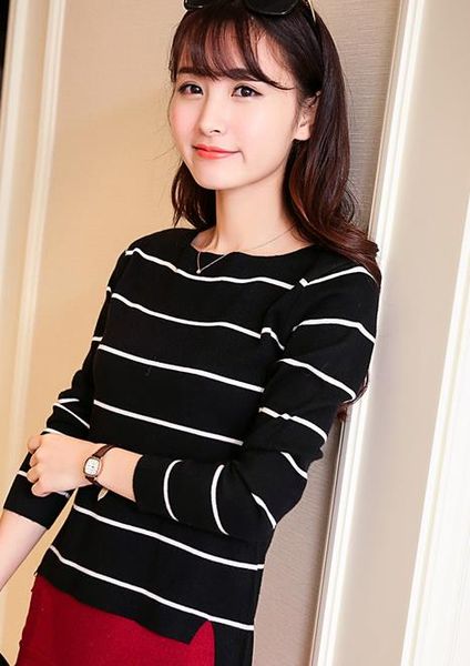 2019 spring autumn knit female korean striped shirt collar sweater slim black and white female g622, White;black
2019 spring autumn knit female korean striped shirt collar sweater slim black and white female g622, White;black