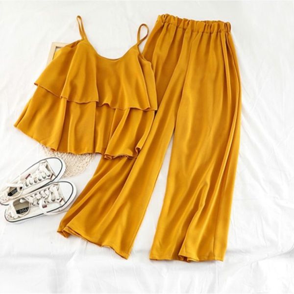 2020 new summer beach style solid women two piece outfits ruffles short camis elastic high waist ankle-length pants chiffon set, White
2020 new summer beach style solid women two piece outfits ruffles short camis elastic high waist ankle-length pants chiffon set, White