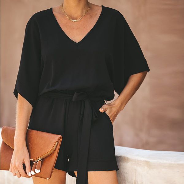 women solid color v-neck short sleeve pocketed tie jumpsuit shorts playsuits for summer js26, Black;white
women solid color v-neck short sleeve pocketed tie jumpsuit shorts playsuits for summer js26, Black;white