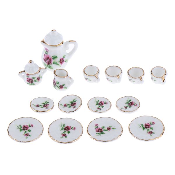 15pcs Dining Ware Porcelain Tea Set Dish Cup Plate 1/12 Dollhouse Miniature