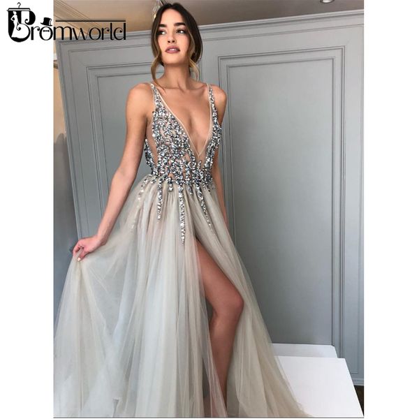 party dresses promworld backless grey evening 2021 prom with slit rhinestone tulle see through long gowns, White;black
party dresses promworld backless grey evening 2021 prom with slit rhinestone tulle see through long gowns, White;black