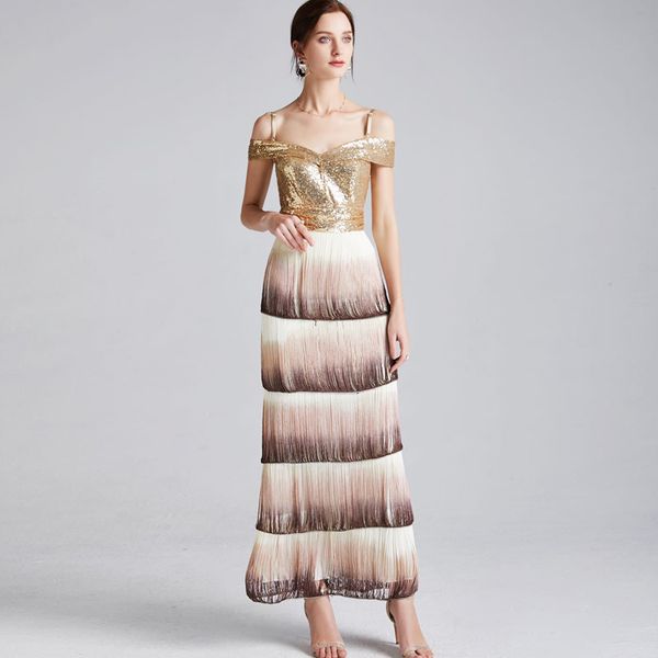 women's runway dresses spaghetti straps sequined patchwork tiered tassels fashion long party prom dresses, Black
women's runway dresses spaghetti straps sequined patchwork tiered tassels fashion long party prom dresses, Black