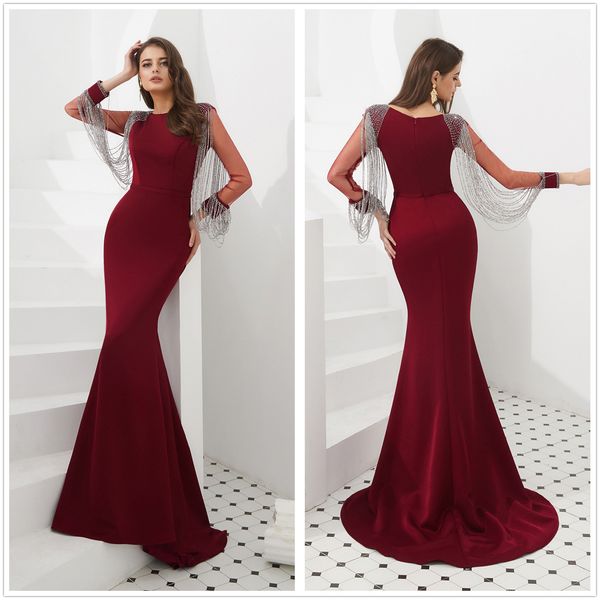 burgundy mermaid long evening formal wear dresses 2019 sheer neck long sleeve dubai arabic prom dress tassel party gowns prom dresses, Black;red
burgundy mermaid long evening formal wear dresses 2019 sheer neck long sleeve dubai arabic prom dress tassel party gowns prom dresses, Black;red