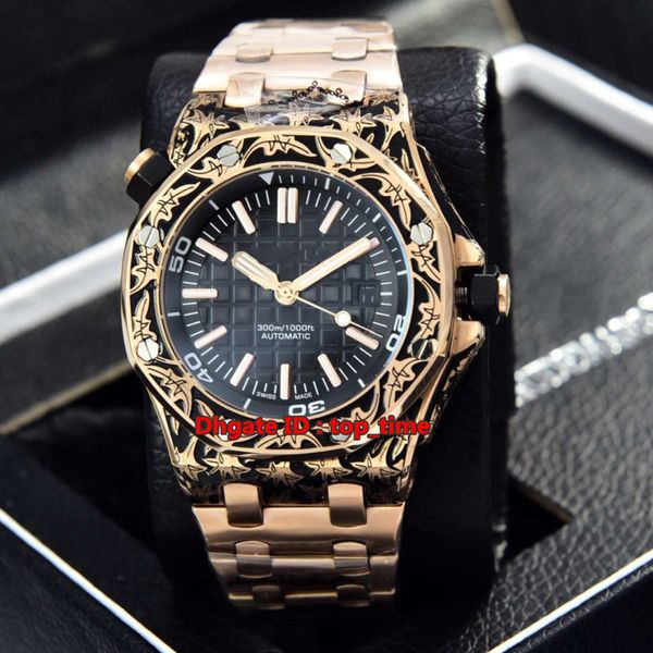 4 style new 42mm diver rose gold automatic mens watch 15710 sapphire glass carving case black dial rose gold bracelet gents sports watches, Slivery;brown
4 style new 42mm diver rose gold automatic mens watch 15710 sapphire glass carving case black dial rose gold bracelet gents sports watches, Slivery;brown